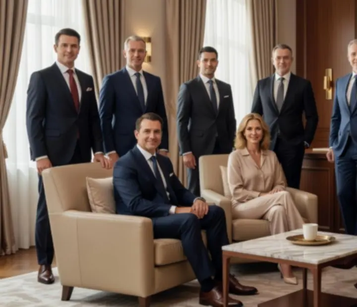 Az Utvoria vezetőinek portréi elegáns üzleti környezetben