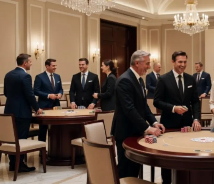 Elegáns vállalati póker est üzleti vendégekkel és prémium kaszinó hangulattal.