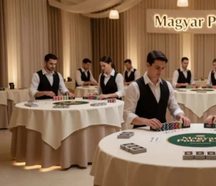 Elegáns pókerasztalok és hangulatos kaszinó fények egy magyar rendezvényhelyszínen.